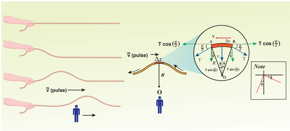 Figure 11.15 Elemental segment in a stretched string is zoomed and the pulse seen from an observer frame who moves with velocity v