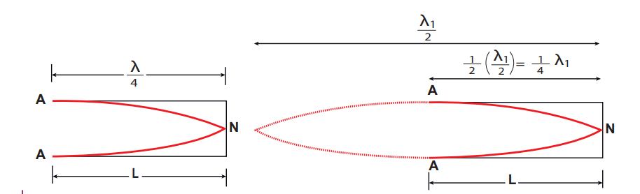 Figure 11.37 No motion of particles which leads to nodes at closed end and antinodes at open end (fundamental mode) (N-node, A-antinode)